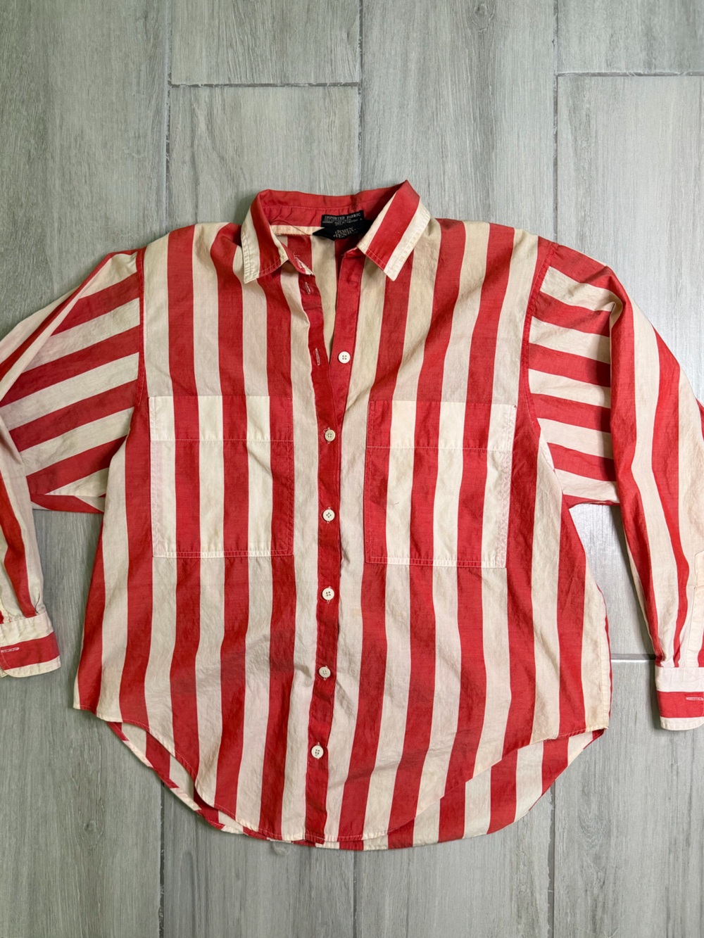 Cotton Striped Button-Down Shirt in Red and Cream